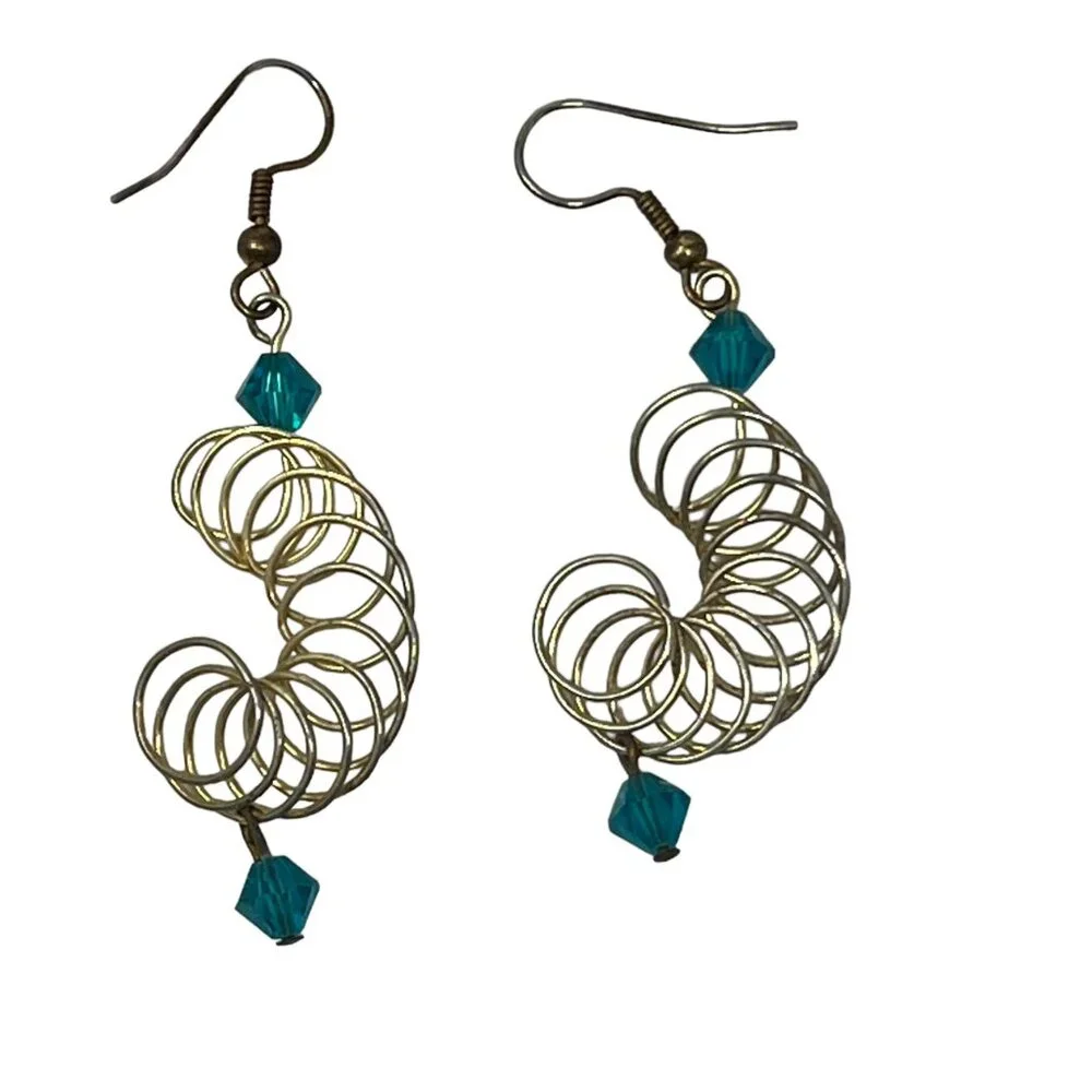 Handcrafted Earrings Blue Beaded‎ Crystal Pierced Spiral Loops Dangle Wire